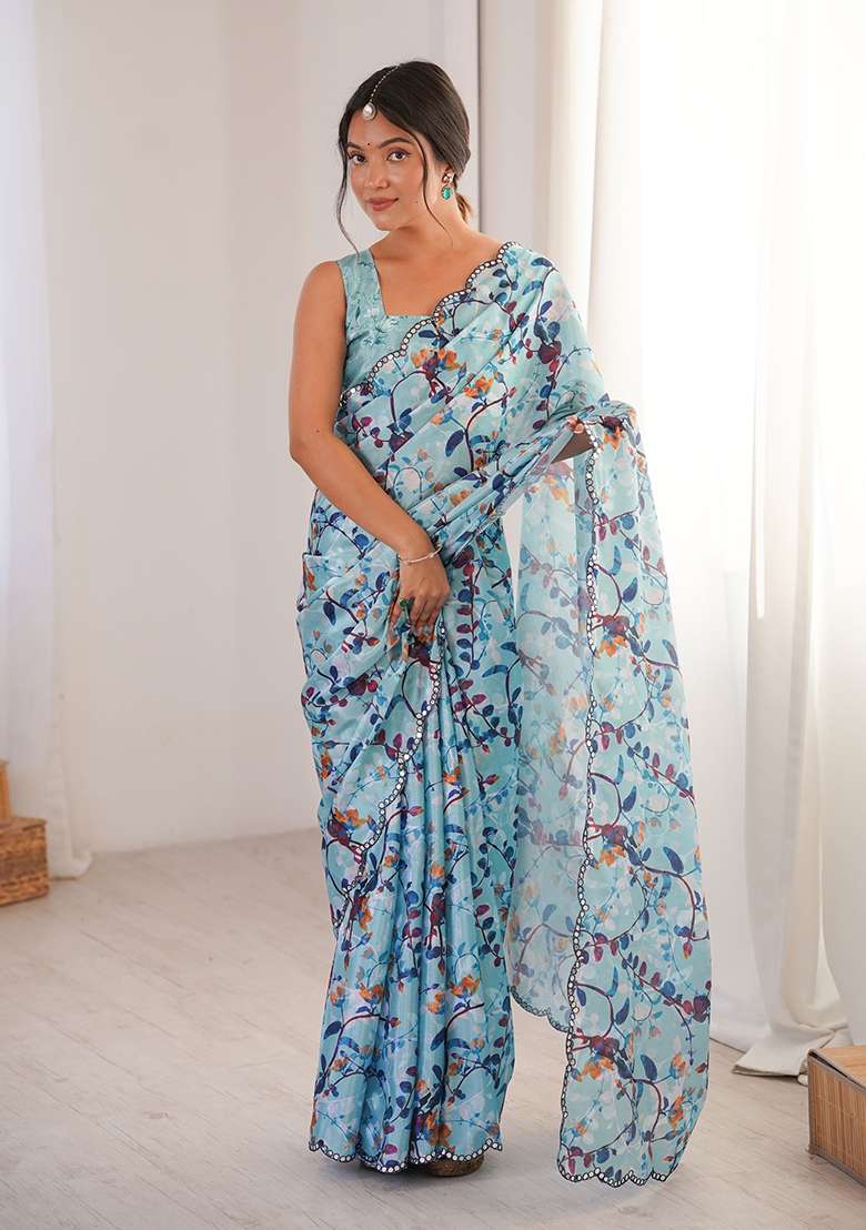Sky Blue Mirror Work Chinon Blend Saree Set for Diwali and Festive Wear - Indya