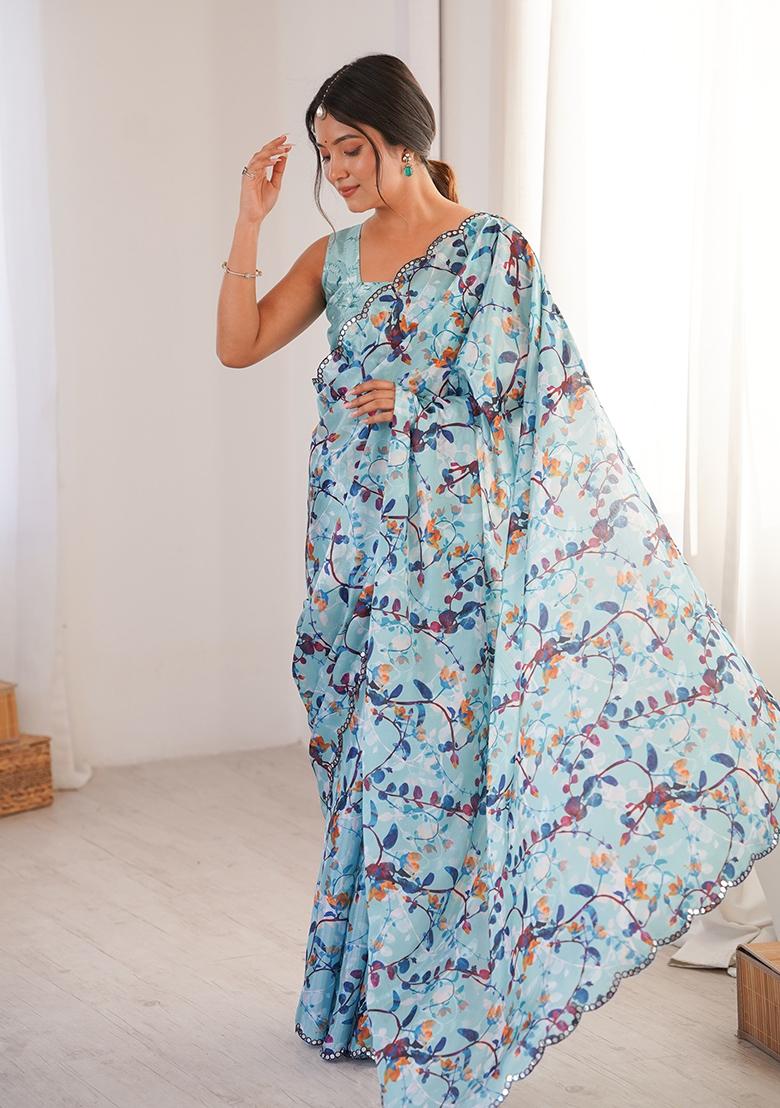 Sky Blue Mirror Work Silk Saree Set - Indya