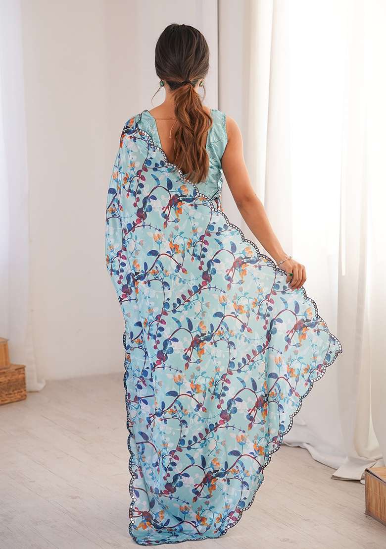 Sky Blue Mirror Work Chinon Blend Saree Set for Diwali and Festive Wear - Indya