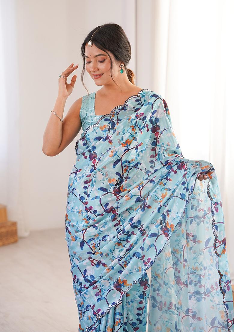 Sky Blue Mirror Work Silk Saree Set - Indya