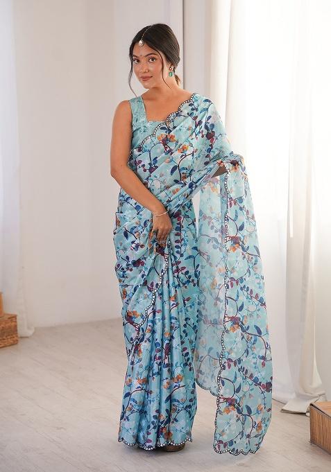 Sky Blue Mirror Work Silk Saree Set