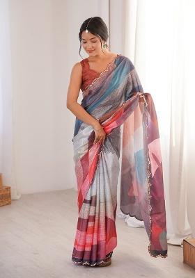 Multicolor Mirror Work Silk Saree Set
