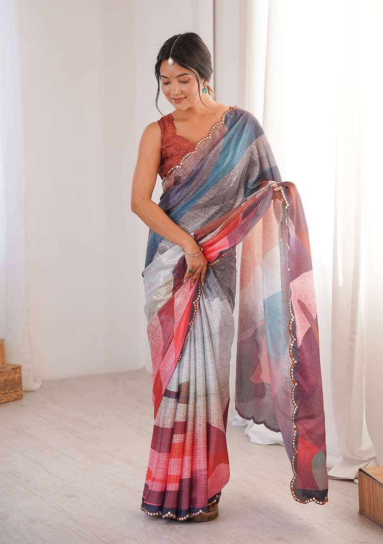 Multicolor Chinon Blend Saree Set with Mirror Work for Diwali | Wedding & Festive Wear - Indya