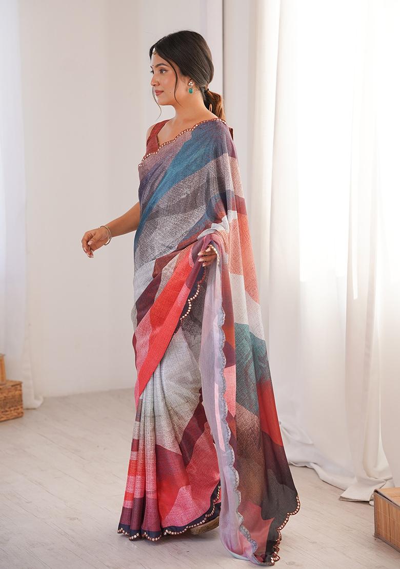 Multicolor Mirror Work Silk Saree Set - Indya