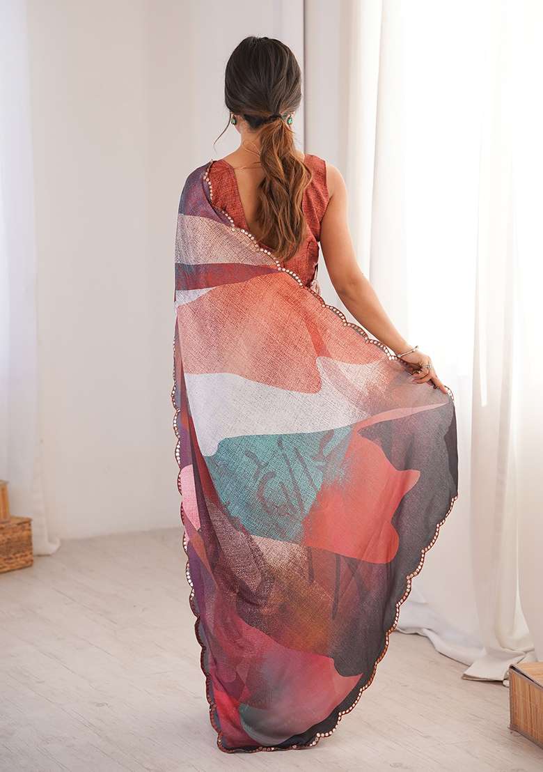 Multicolor Chinon Blend Saree Set with Mirror Work for Diwali | Wedding & Festive Wear - Indya