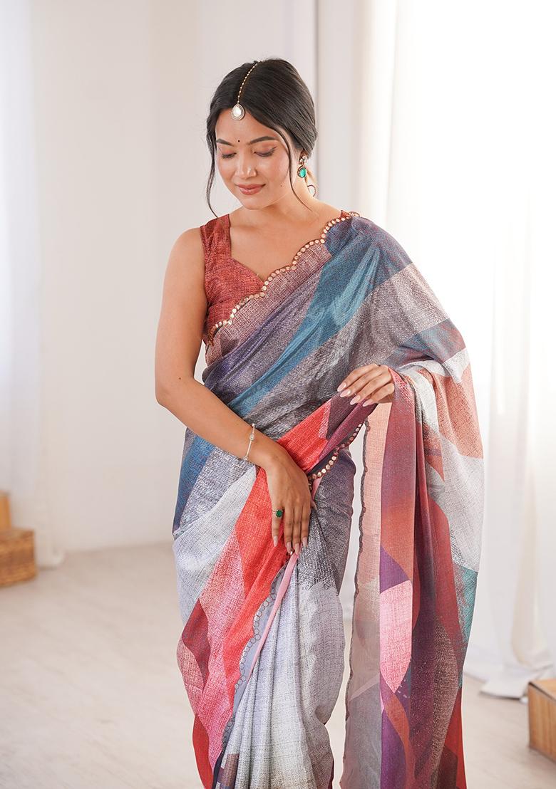 Multicolor Mirror Work Silk Saree Set - Indya