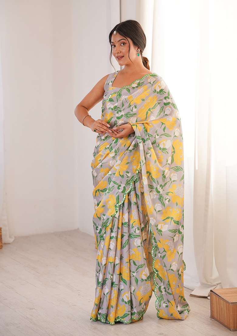 Light Grey Mirror Work Chinon Blend Saree Set for Diwali and Festive Wear - Indya