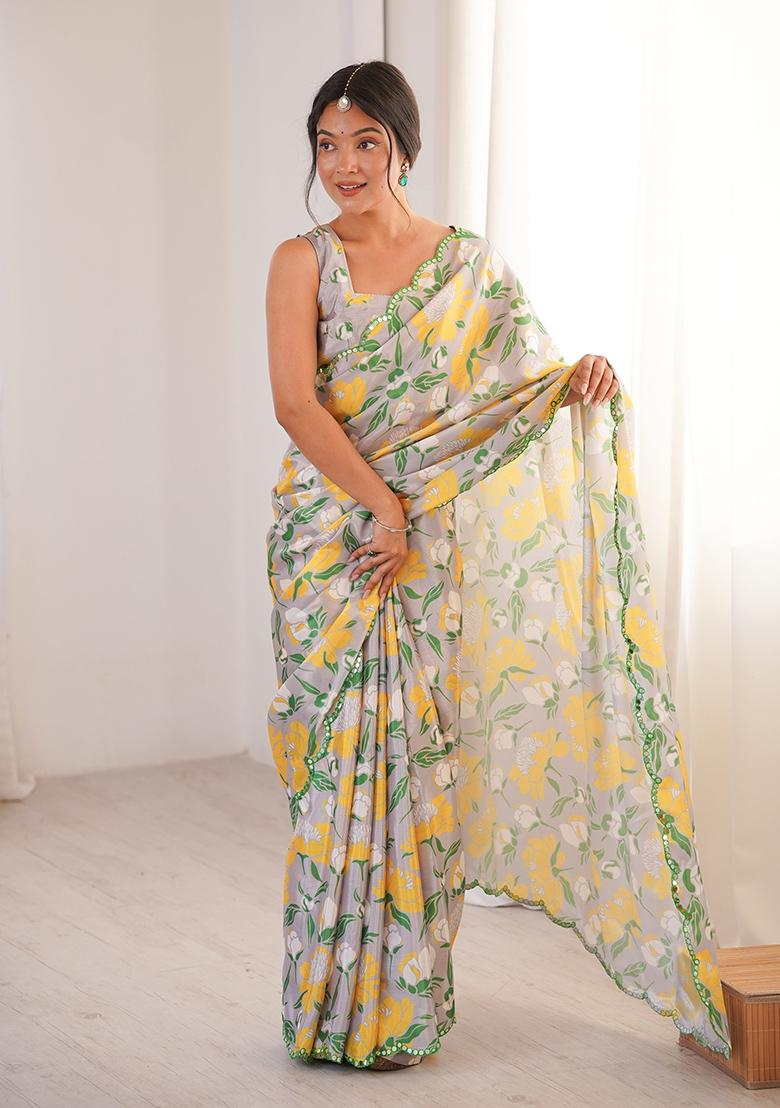 Light Grey Mirror Work Silk Saree Set - Indya