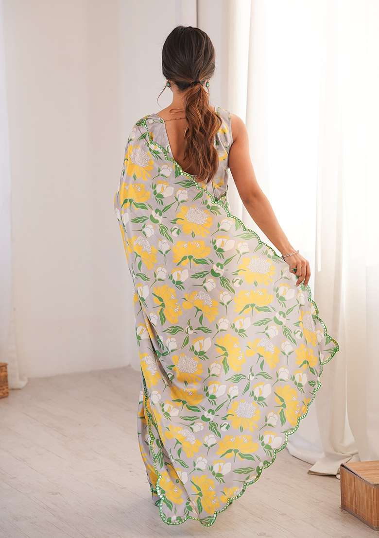 Light Grey Mirror Work Chinon Blend Saree Set for Diwali and Festive Wear - Indya