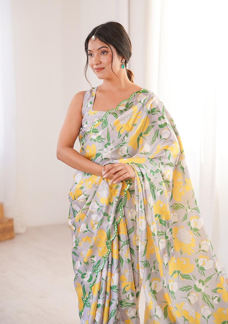 Light Grey Mirror Work Silk Saree Set - Indya