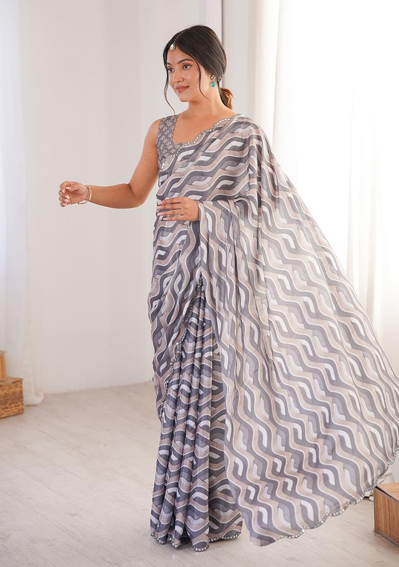 Grey Mirror Work Silk Saree Set - Indya