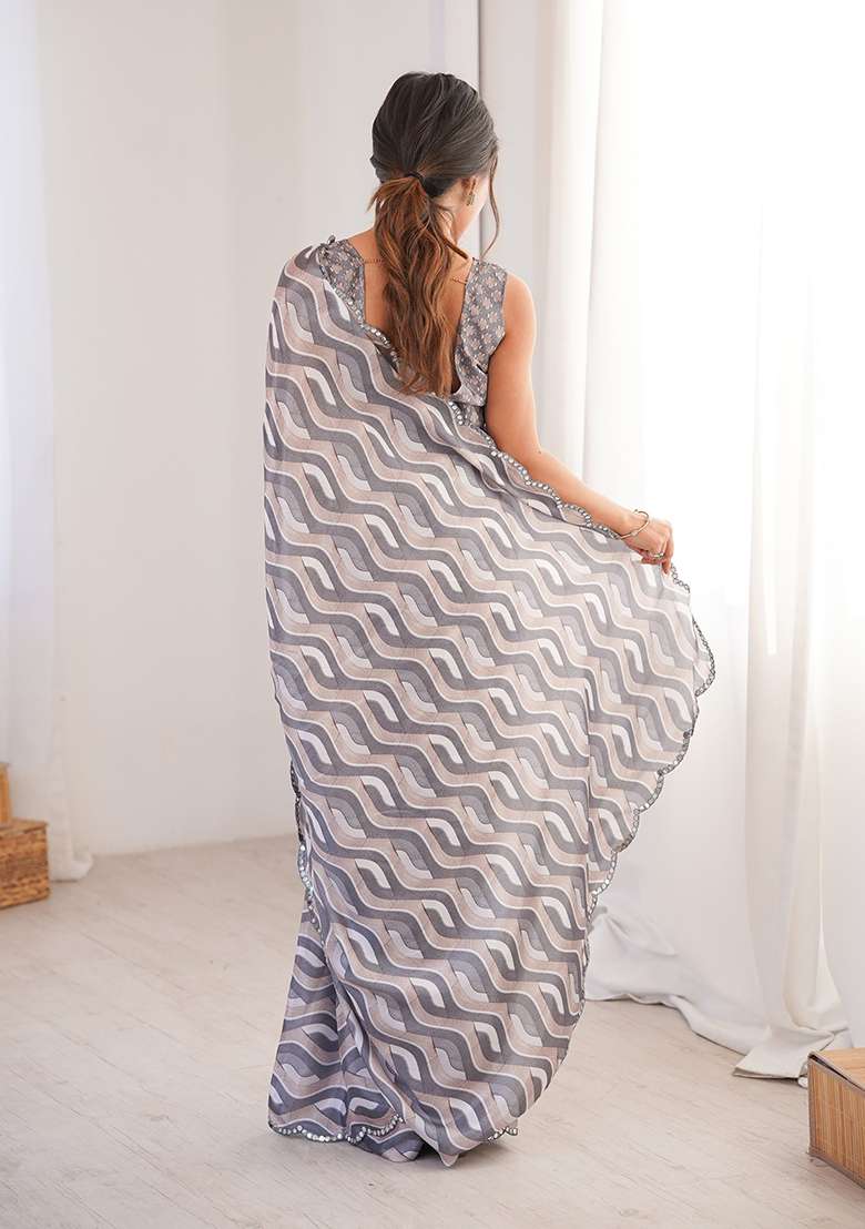 Grey Chinon Blend Saree Set with Mirror Work for Diwali | Wedding & Festive Wear - Indya