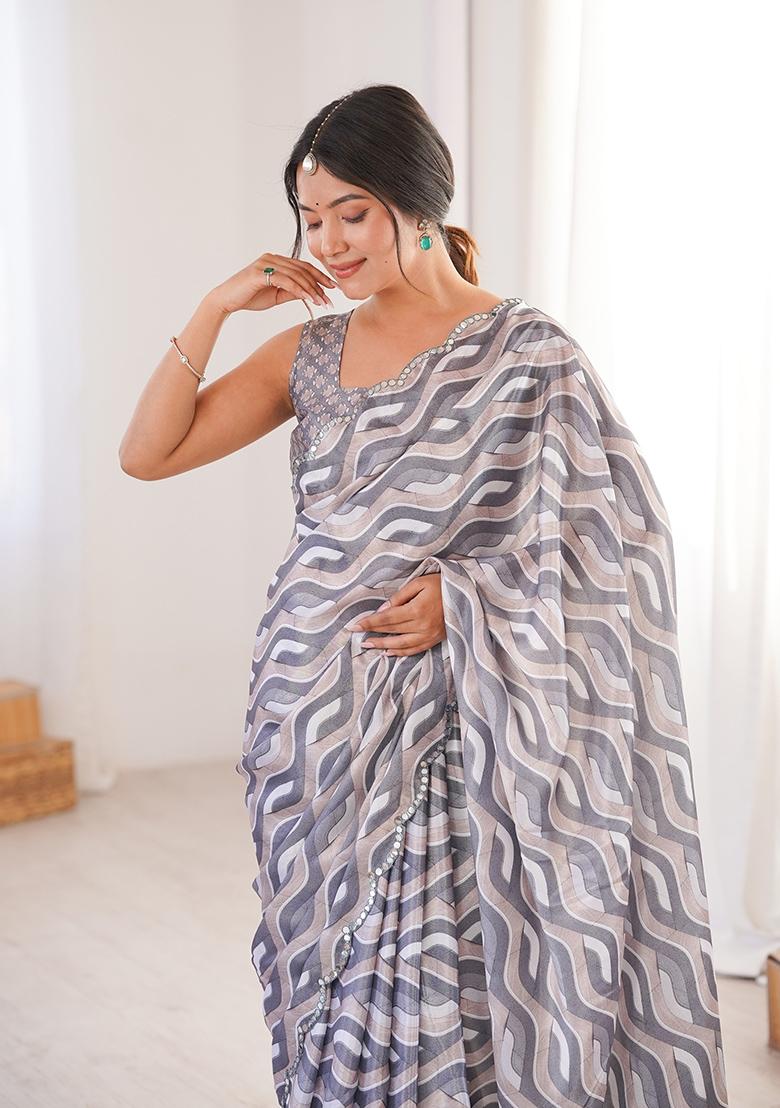 Grey Mirror Work Silk Saree Set - Indya