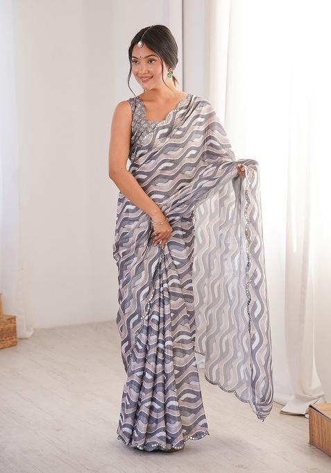 Grey Mirror Work Silk Saree Set