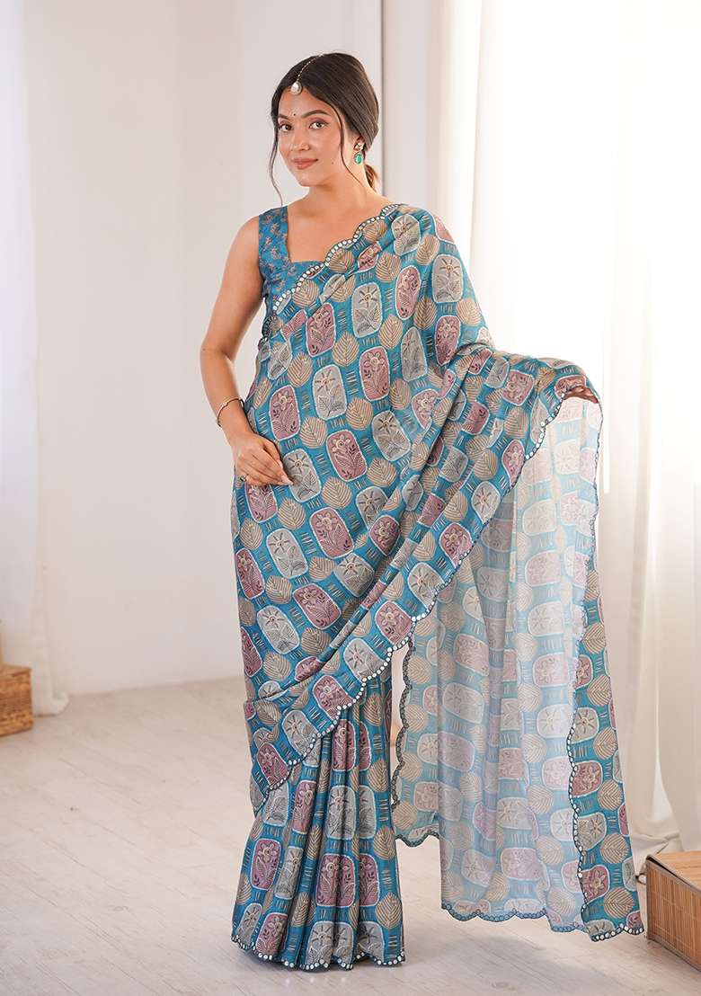 Teal Blue Mirror Work Chinon Blend Saree Set for Diwali and Festive Wear - Indya