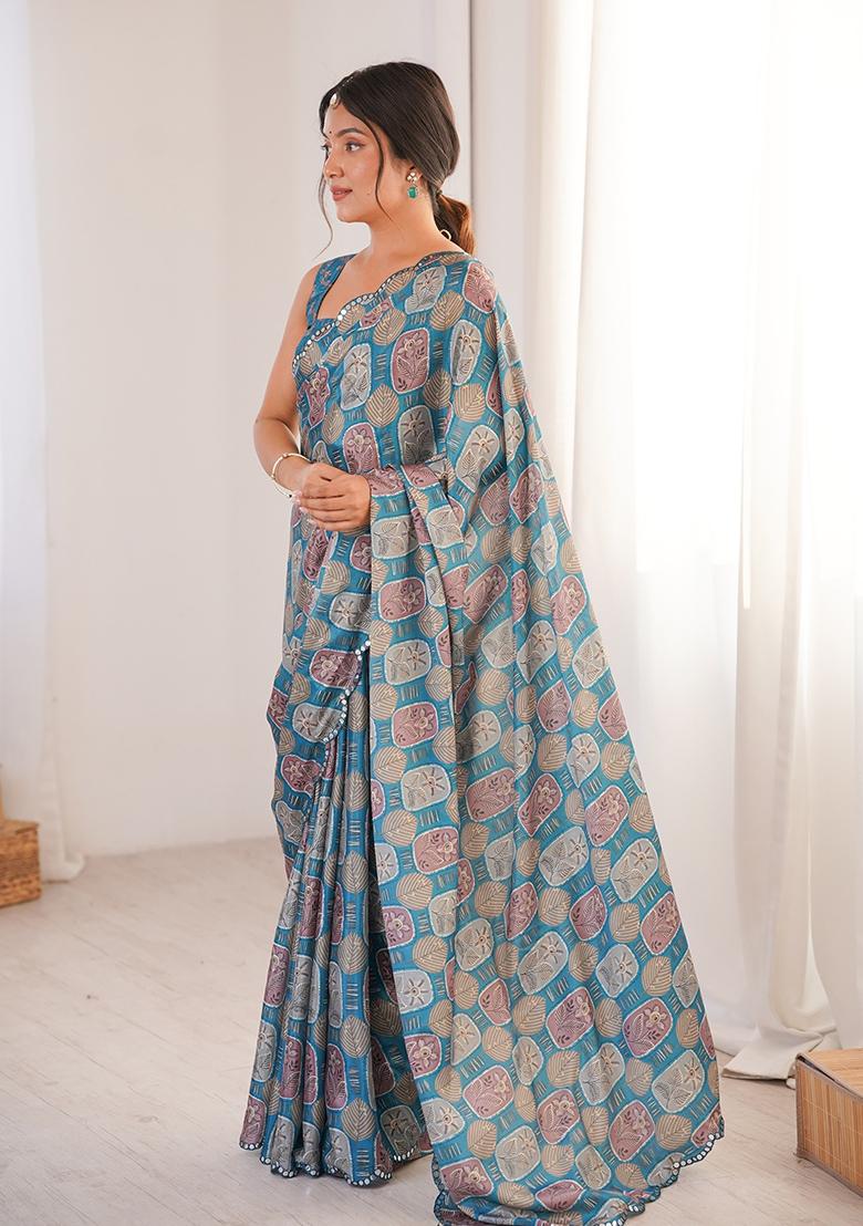 Teal Blue Mirror Work Silk Saree Set - Indya