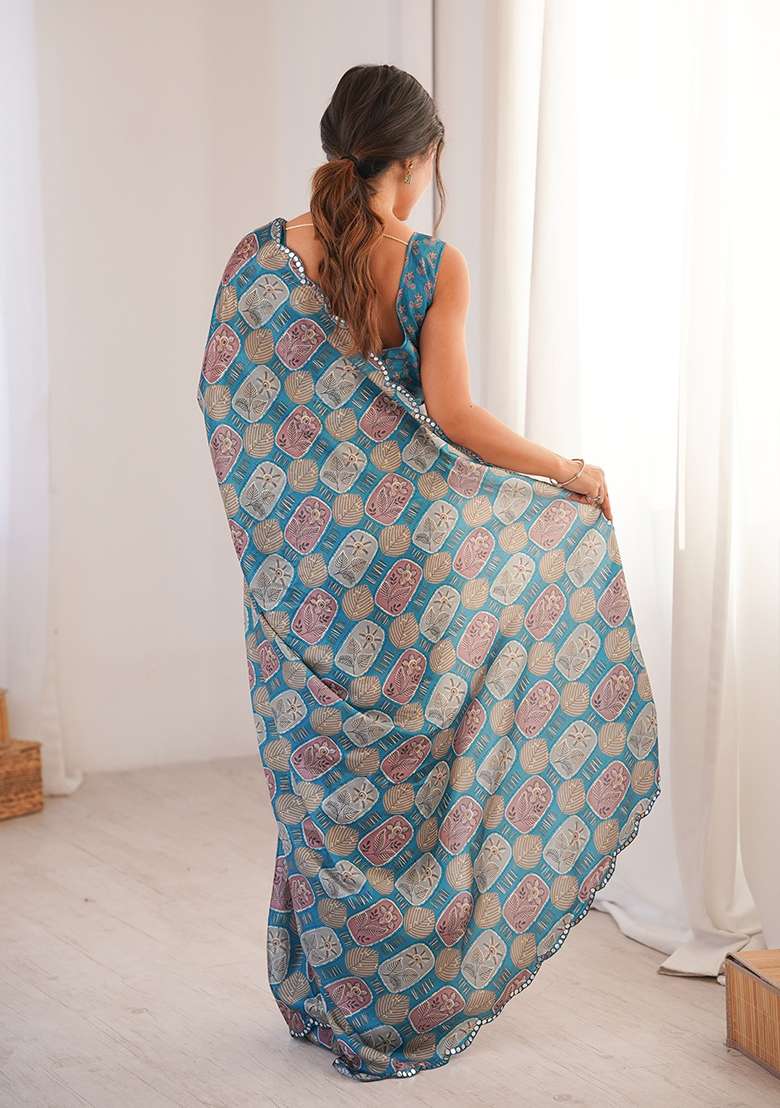 Teal Blue Mirror Work Chinon Blend Saree Set for Diwali and Festive Wear - Indya