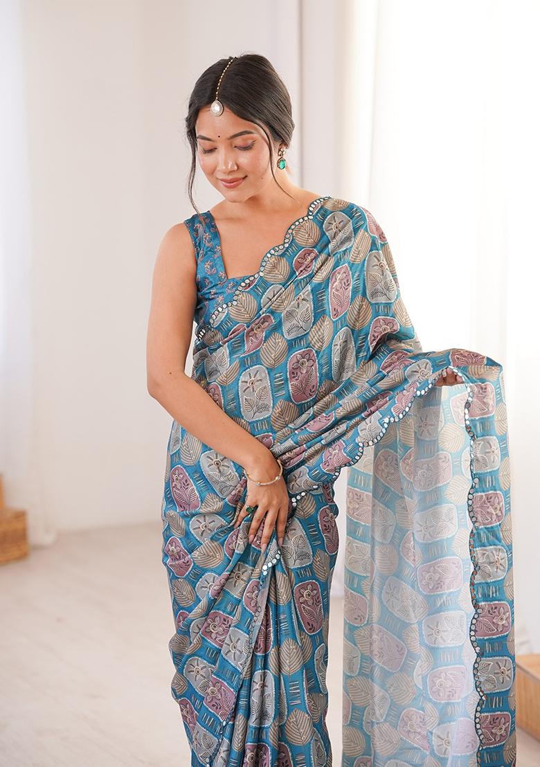 Teal Blue Mirror Work Silk Saree Set - Indya