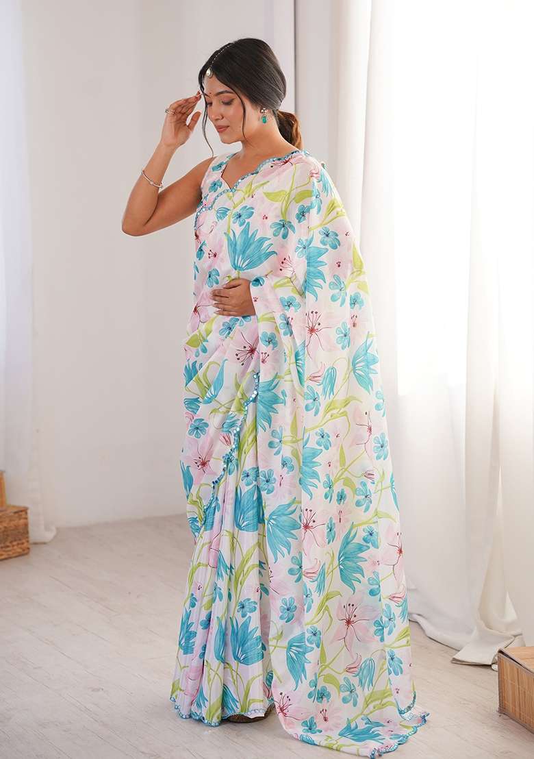 White Chinon Blend Saree Set with Mirror Work for Diwali | Wedding & Festive Wear - Indya