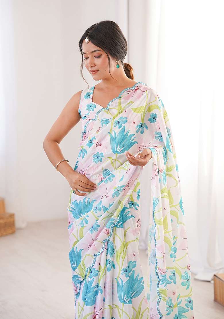 White Chinon Blend Saree Set with Mirror Work for Diwali | Wedding & Festive Wear - Indya