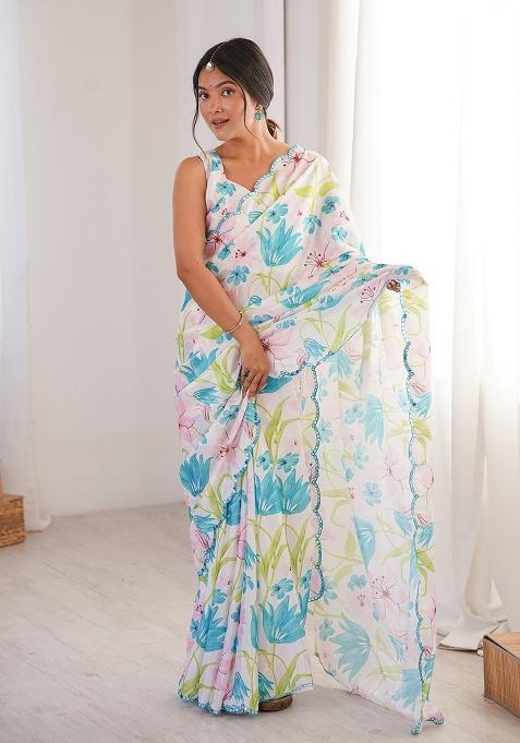 White Mirror Work Silk Saree Set