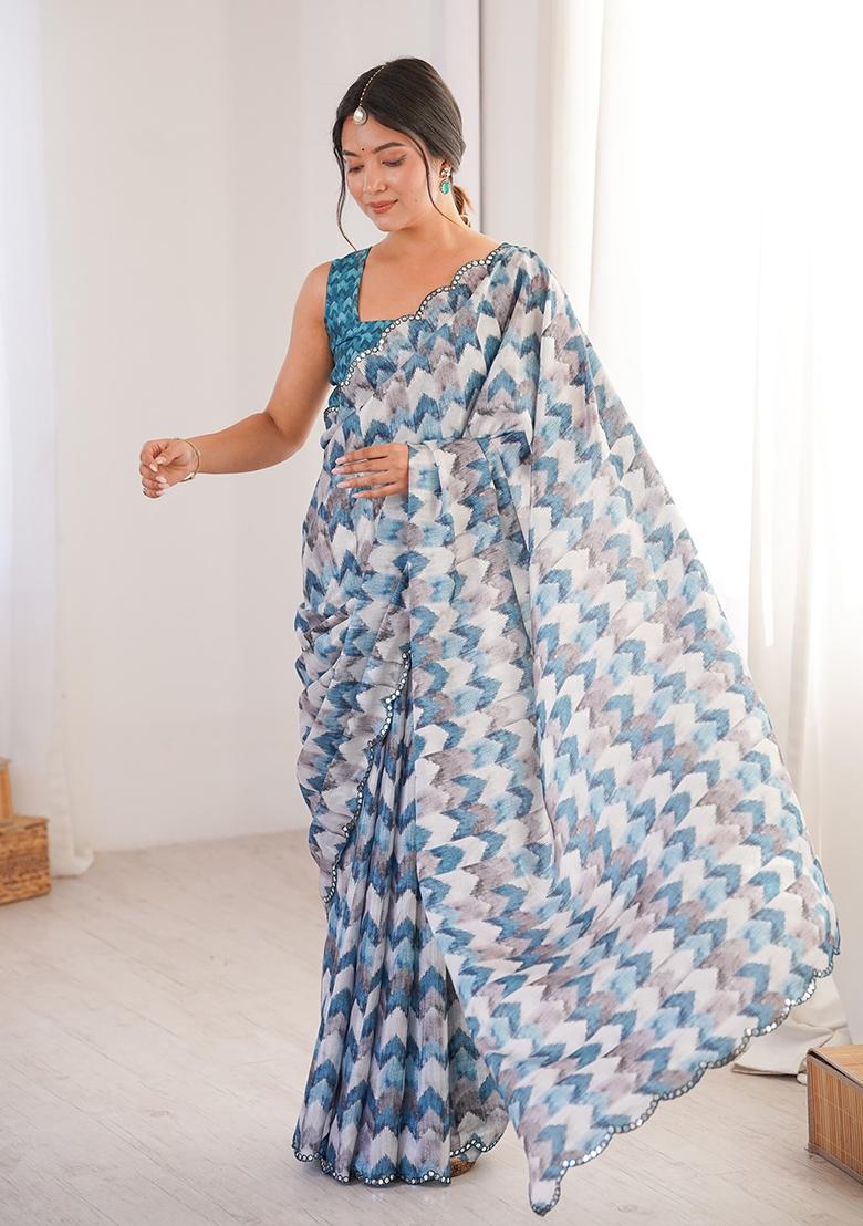 Blue Mirror Work Silk Saree Set - Indya