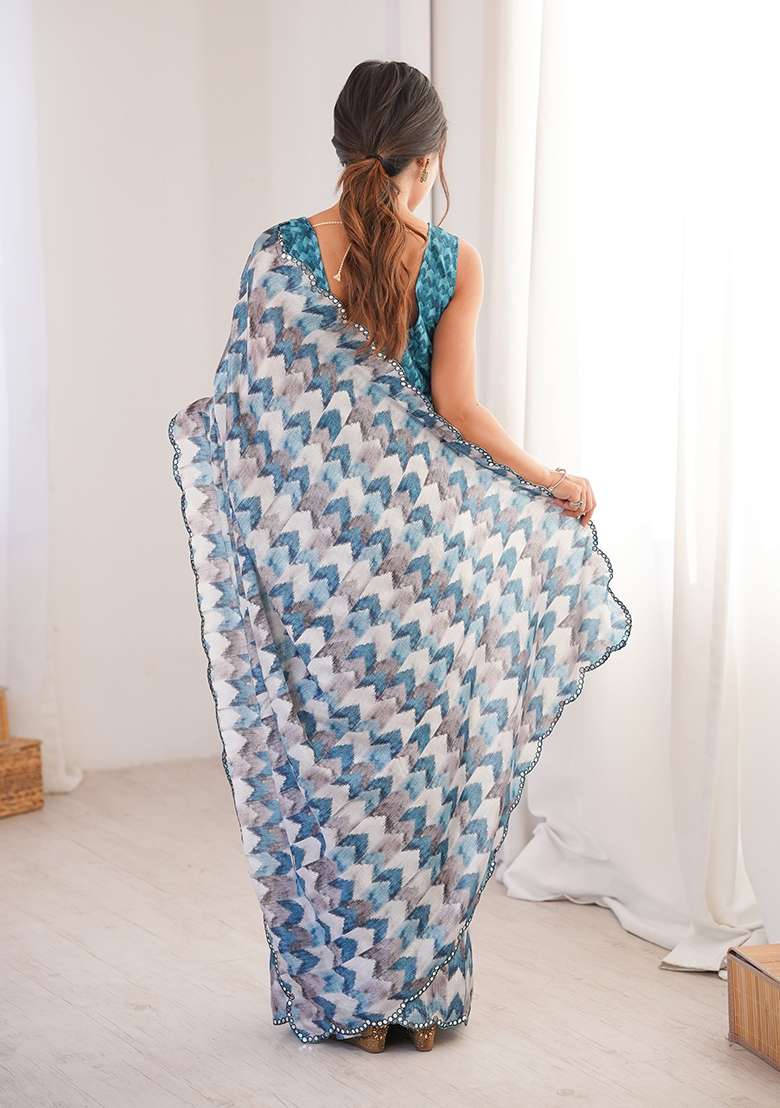 Blue Chinon Blend Saree Set with Mirror Work for Diwali | Wedding & Festive Wear - Indya