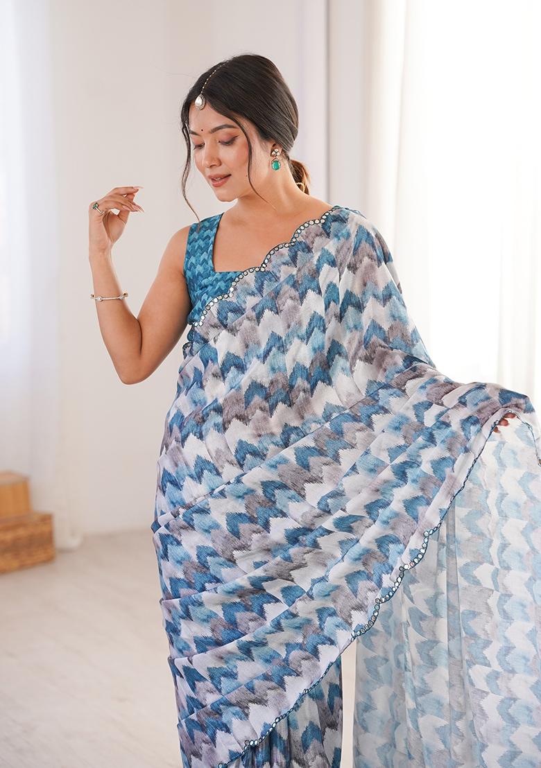 Blue Mirror Work Silk Saree Set - Indya