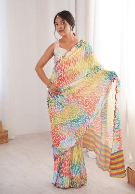 Multicolor Mirror Work Silk Saree Set