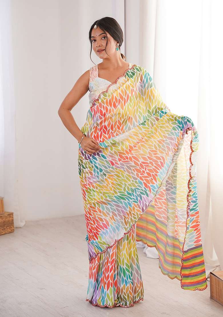 Multicolor Chinon Blend Saree Set with Mirror Work for Diwali | Wedding & Festive Wear - Indya