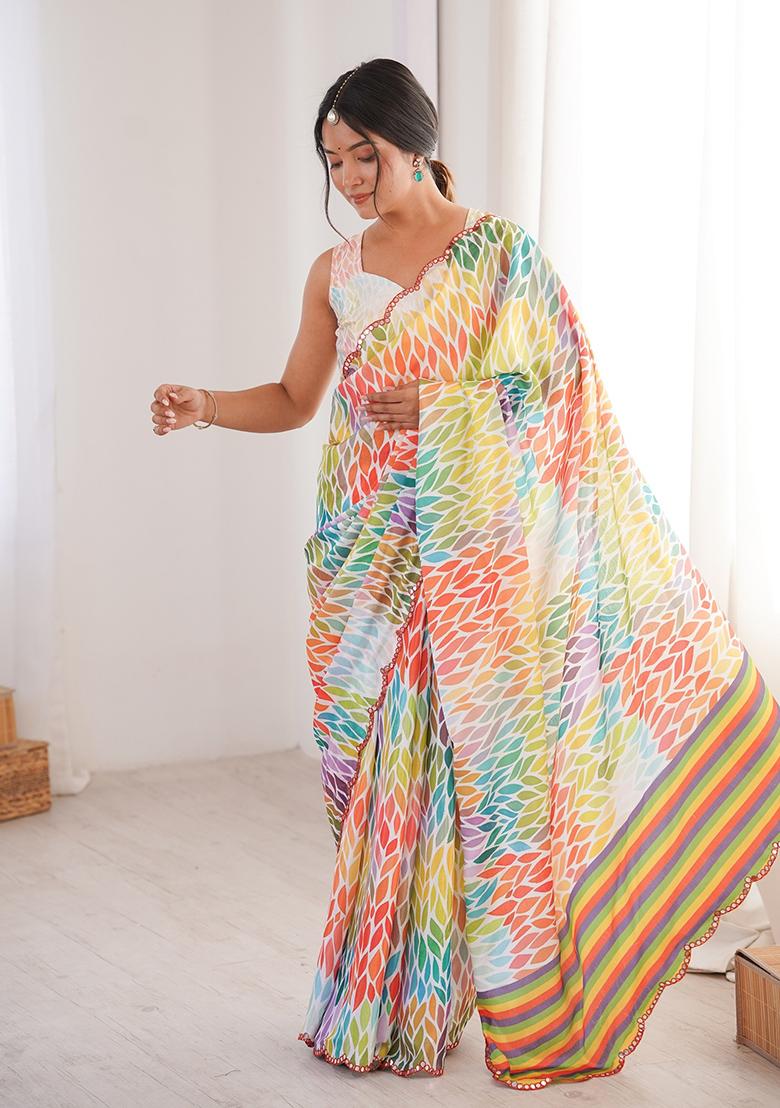 Multicolor Mirror Work Silk Saree Set - Indya