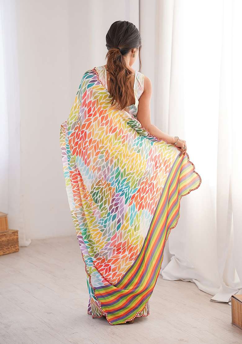Multicolor Chinon Blend Saree Set with Mirror Work for Diwali | Wedding & Festive Wear - Indya