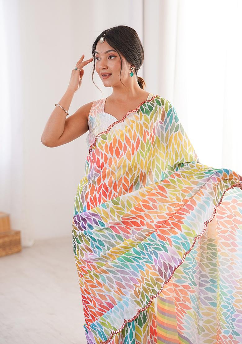 Multicolor Mirror Work Silk Saree Set - Indya