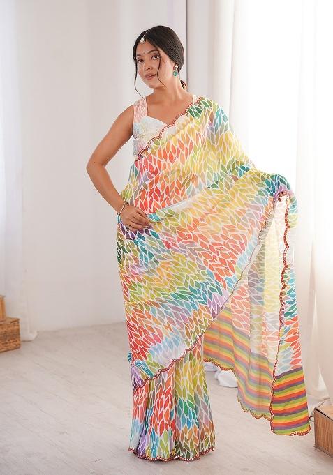 Multicolor Mirror Work Silk Saree Set