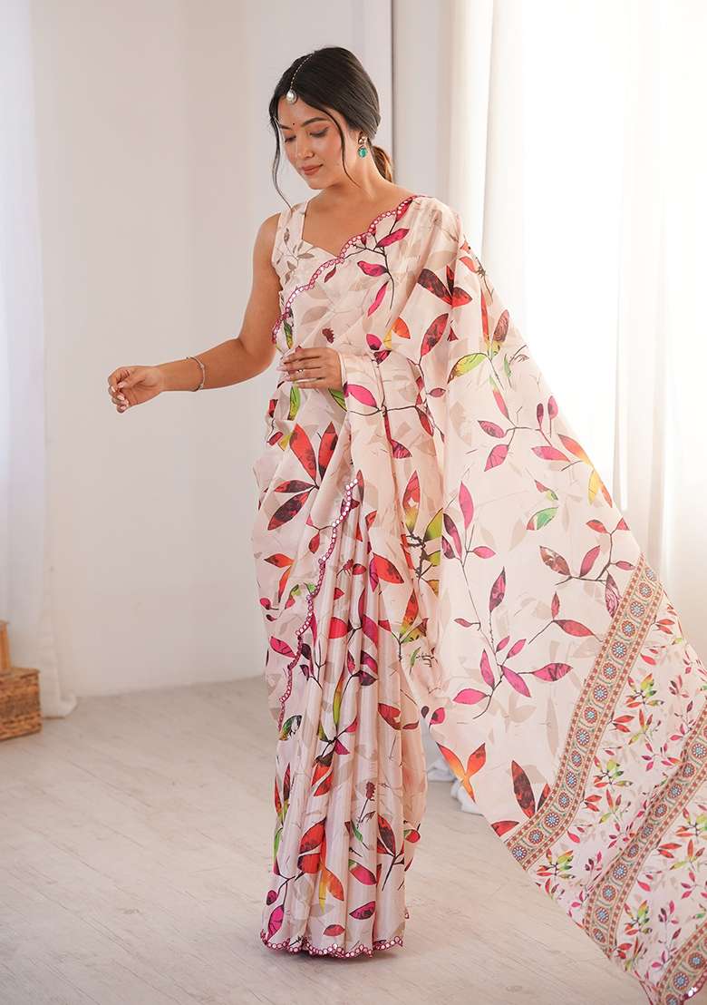 Cream Mirror Work Chinon Blend Saree Set for Diwali and Festive Wear - Indya