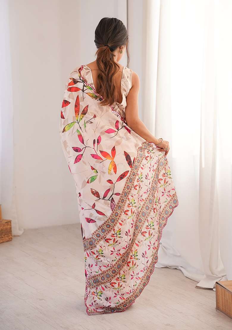Cream Mirror Work Chinon Blend Saree Set for Diwali and Festive Wear - Indya