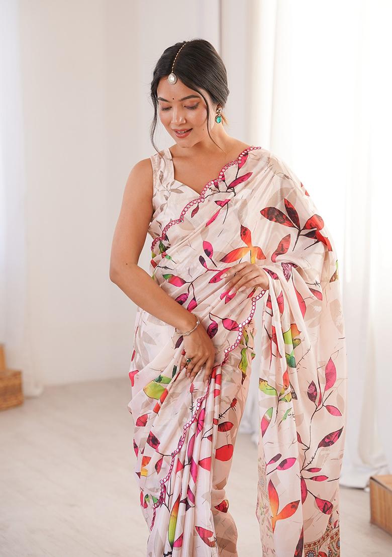 Cream Mirror Work Silk Saree Set - Indya