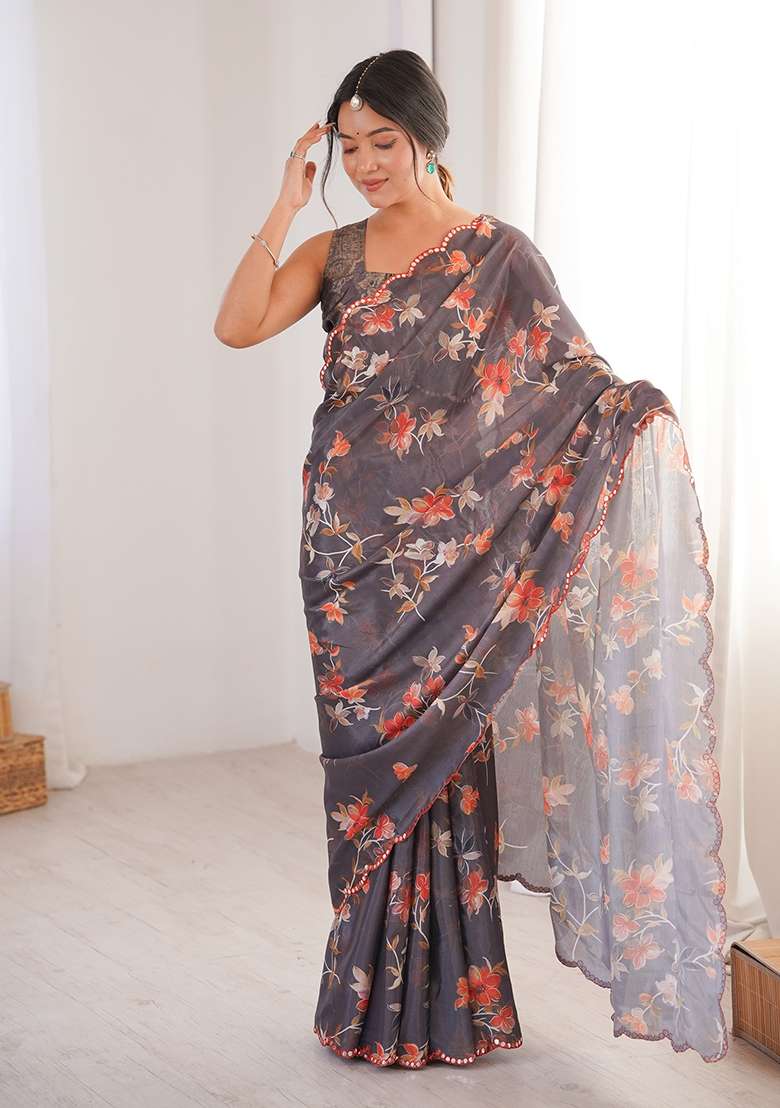 Grey Chinon Blend Saree Set with Mirror Work for Diwali | Wedding & Festive Wear - Indya