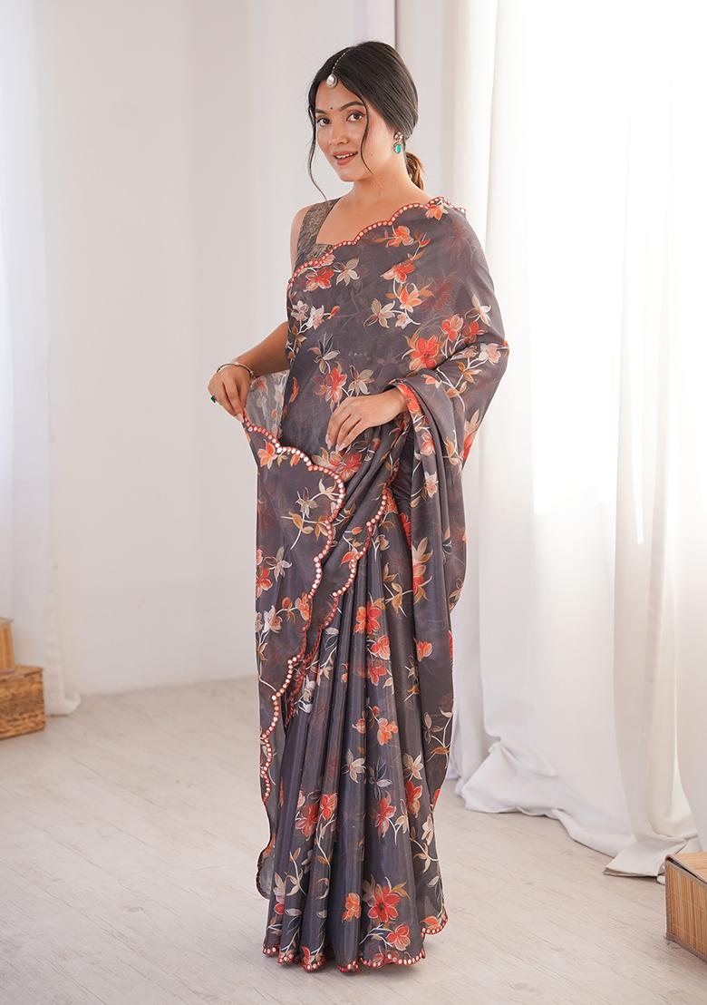 Grey Mirror Work Silk Saree Set - Indya