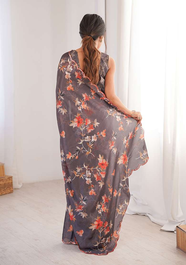 Grey Chinon Blend Saree Set with Mirror Work for Diwali | Wedding & Festive Wear - Indya
