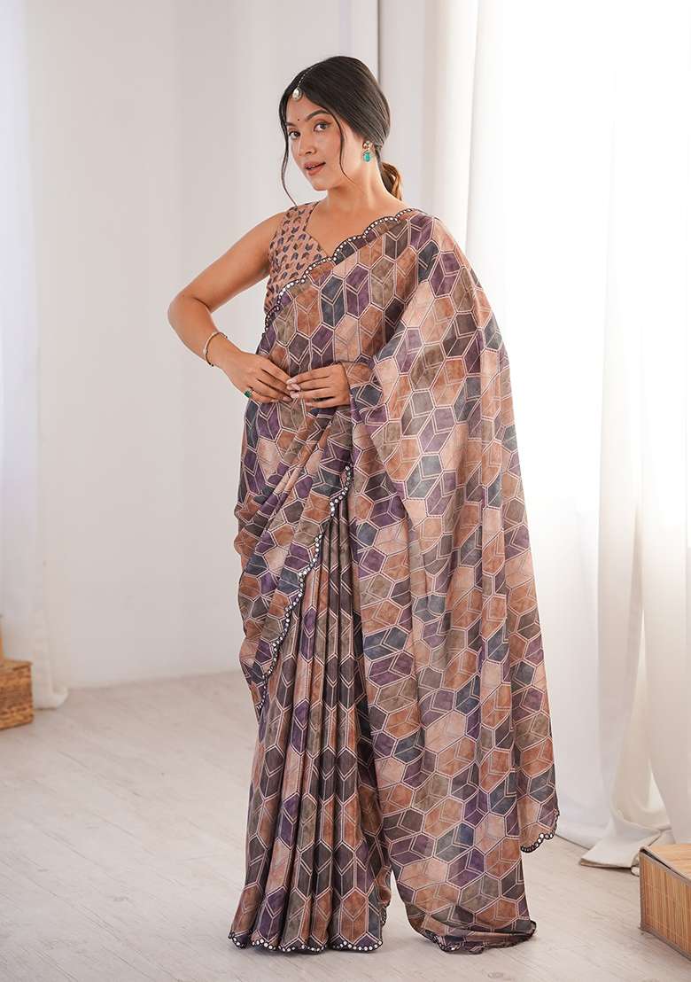 Beige Mirror Work Chinon Blend Saree Set for Diwali and Festive Wear - Indya
