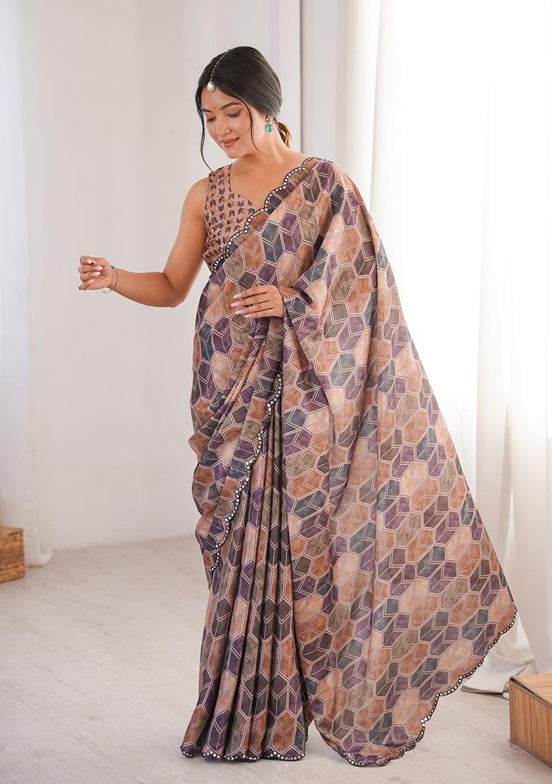 Beige Mirror Work Silk Saree Set - Indya