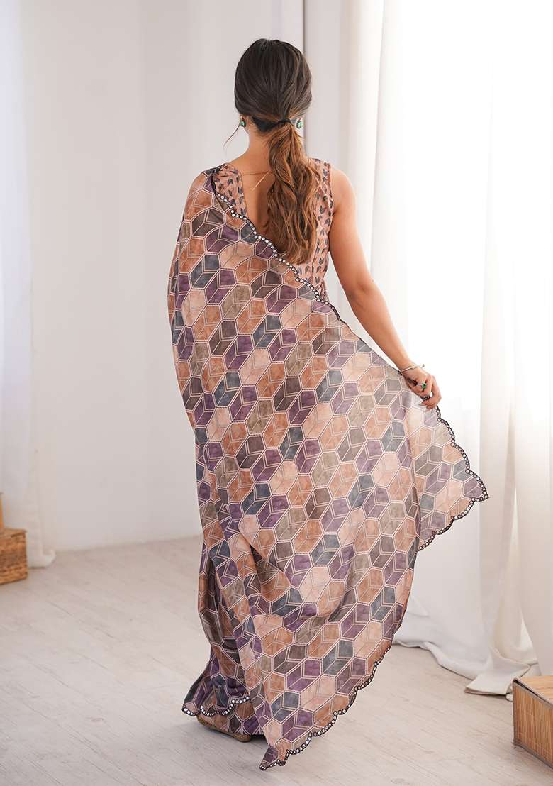 Beige Mirror Work Chinon Blend Saree Set for Diwali and Festive Wear - Indya