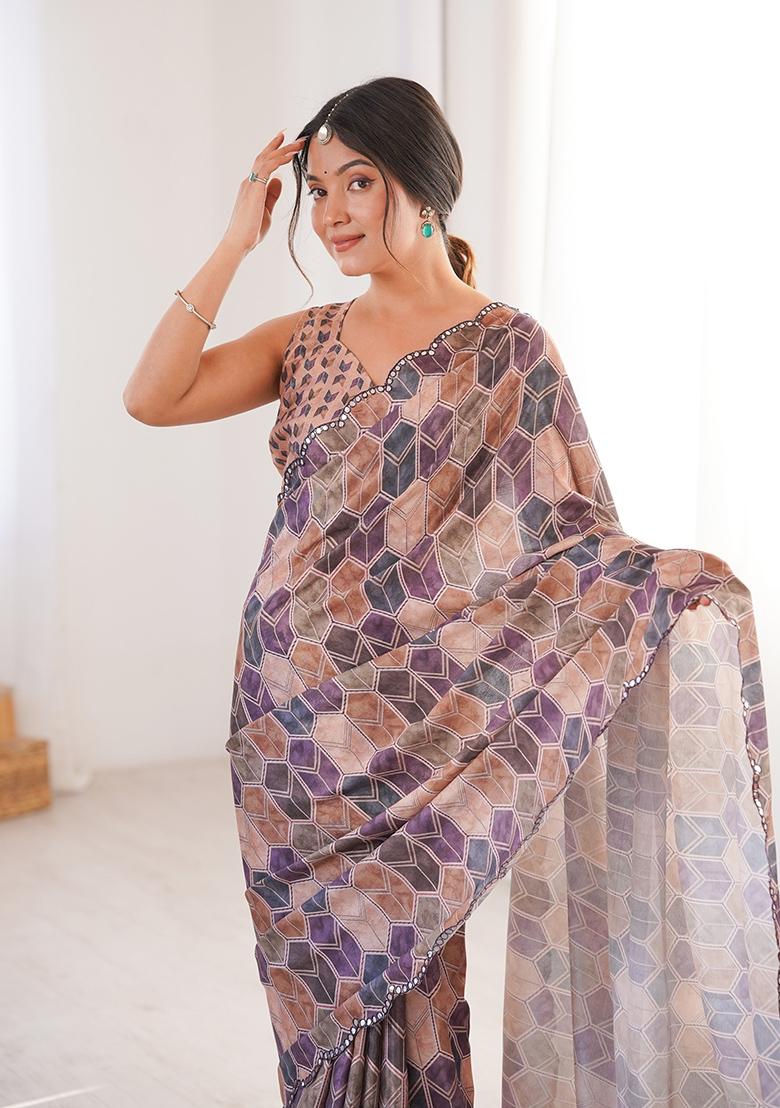 Beige Mirror Work Silk Saree Set - Indya