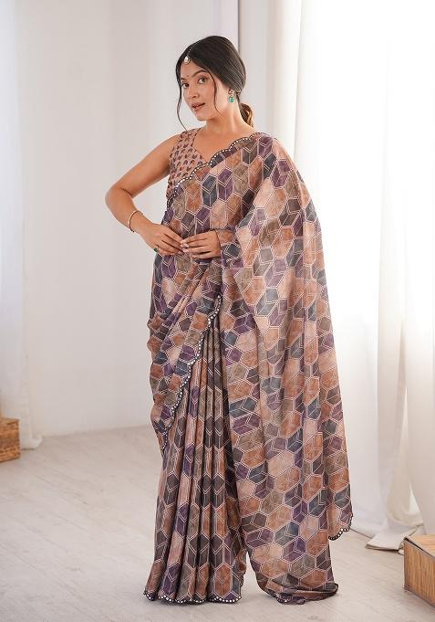 Beige Mirror Work Silk Saree Set