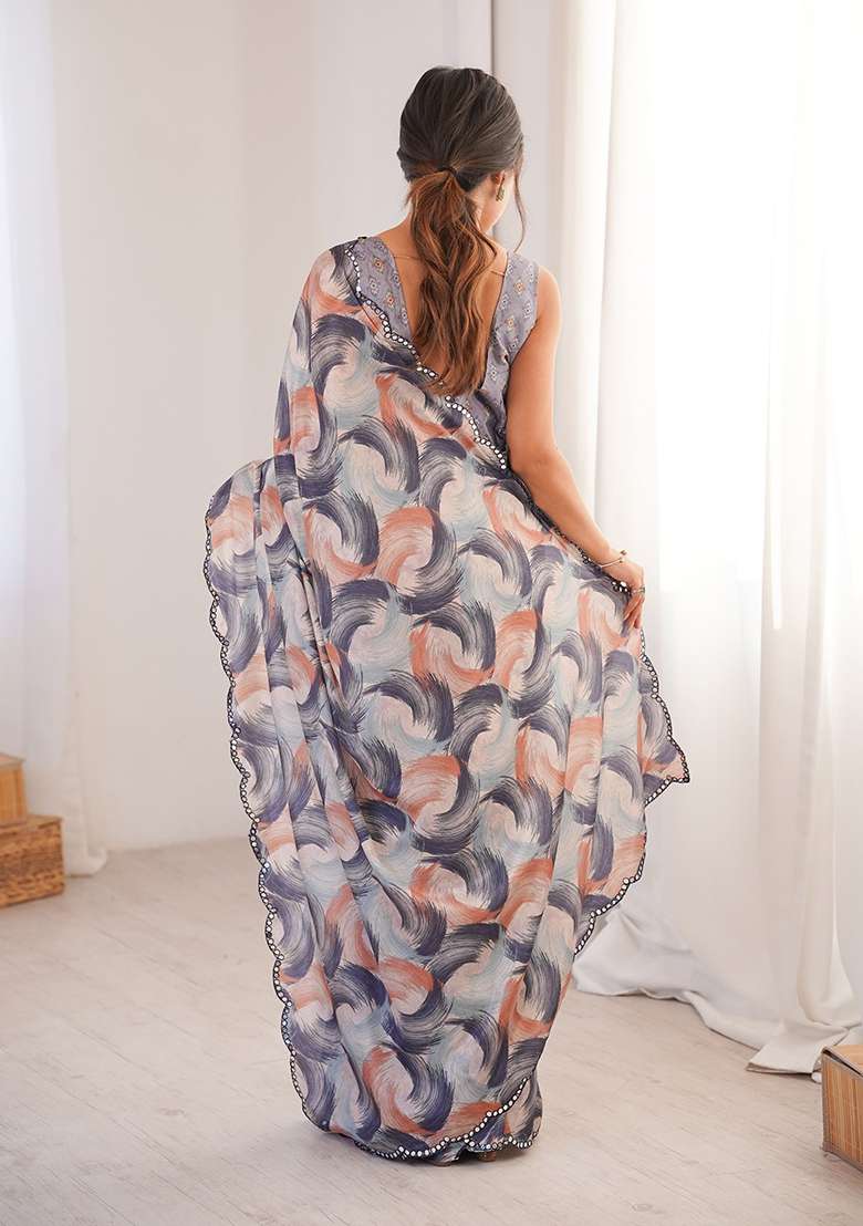 Grey Chinon Blend Saree Set with Mirror Work for Diwali | Wedding & Festive Wear - Indya