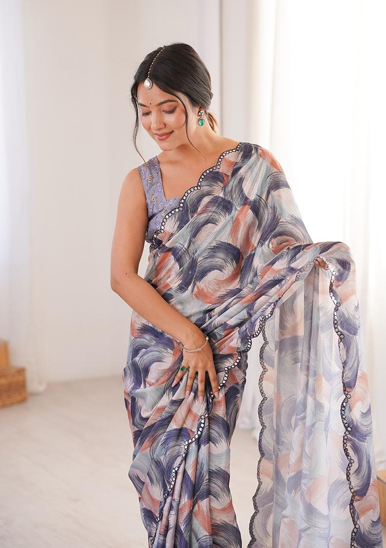 Grey Mirror Work Silk Saree Set - Indya