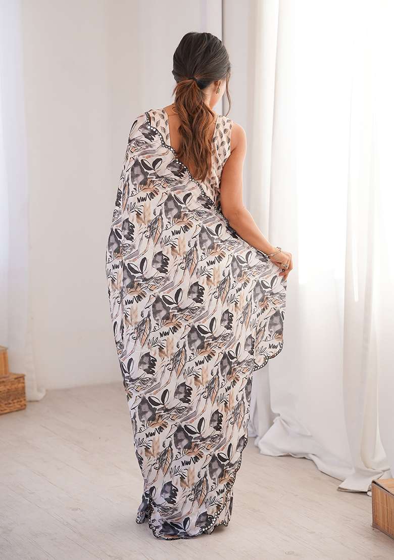 Off White Mirror Work Chinon Blend Saree Set for Diwali and Festive Wear - Indya