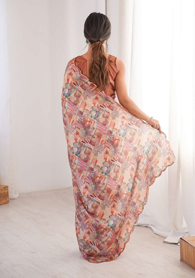 Peach Mirror Work Chinon Blend Saree Set for Diwali and Festive Wear - Indya