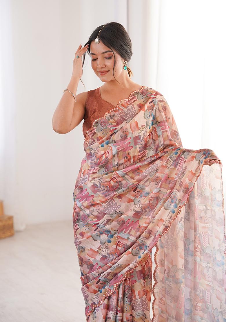 Peach Mirror Work Silk Saree Set - Indya